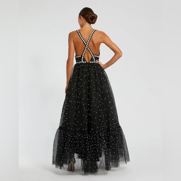 NWT $698 MAC DUGGAL Black Pearl Beaded High Low Gown Dress Tulle 20747 - Picture 3 of 5